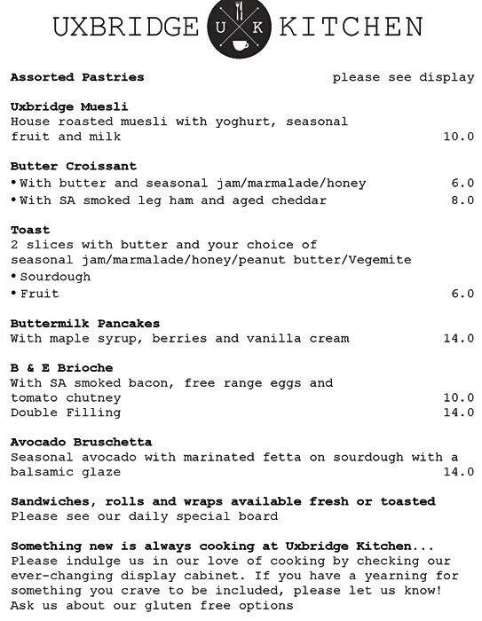 Uxbridge Kitchen Menu, Menu untuk Uxbridge Kitchen, Kensington Park