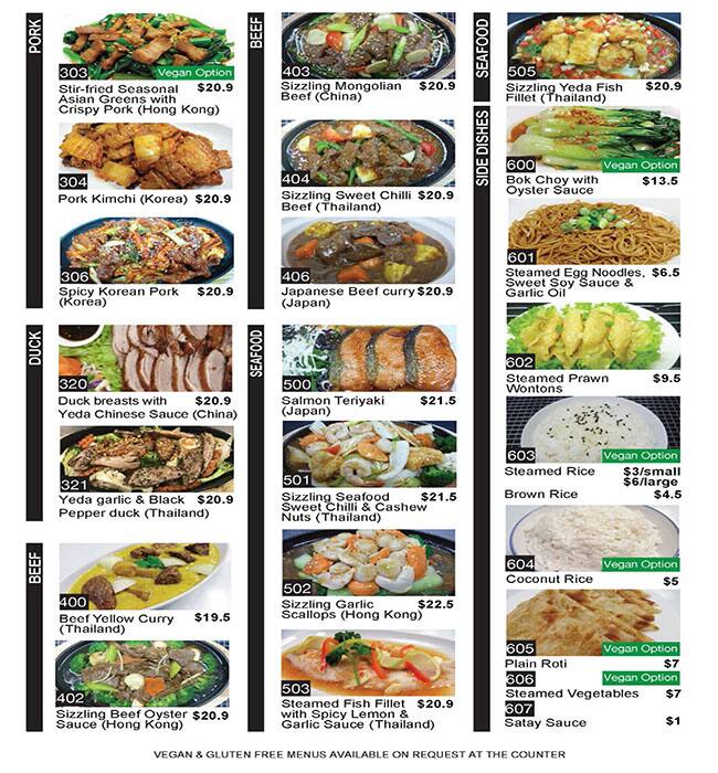 Menu at Yeda restaurant, Palmerston North