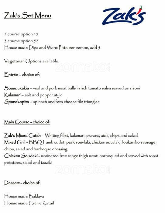 Menu at Zak's Restaurant, West Lakes
