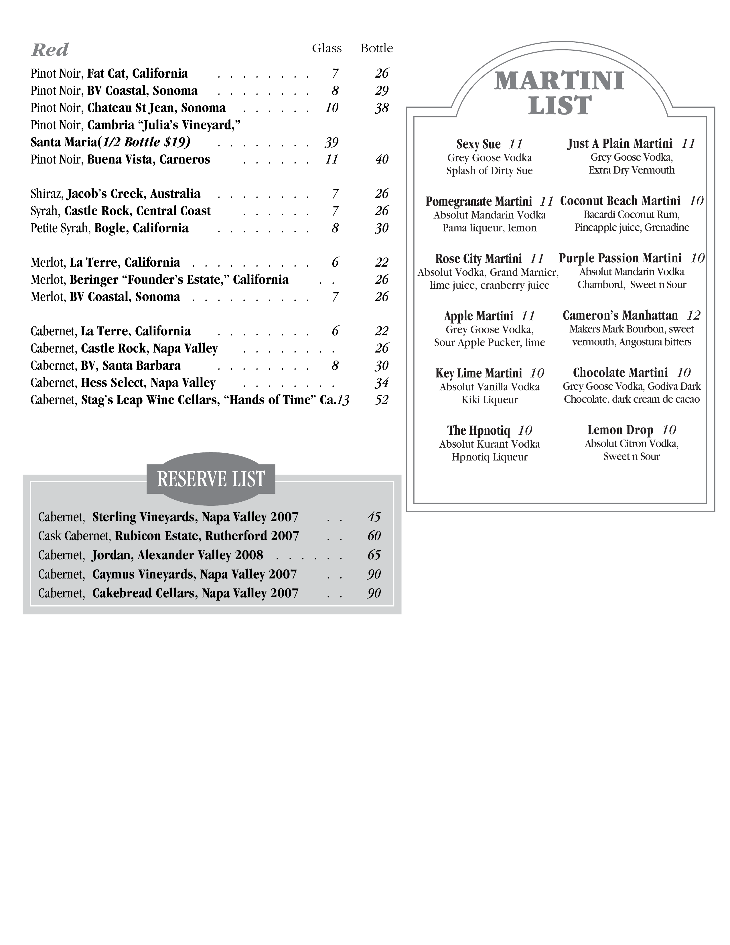 Menu at Cameron's Seafood restaurant, Pasadena