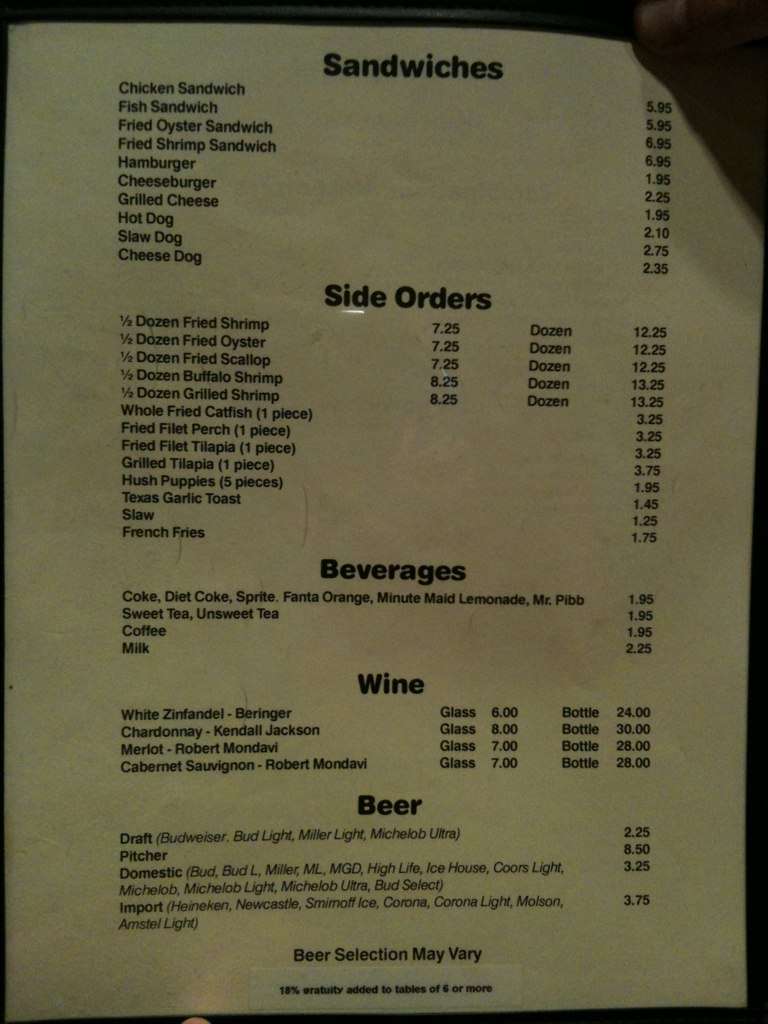 Menu at Oyster King restaurant, Kennesaw