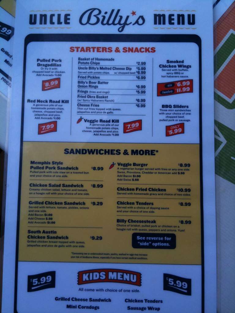 Uncle Billy's Brew & Que Menu Urbanspoon/Zomato