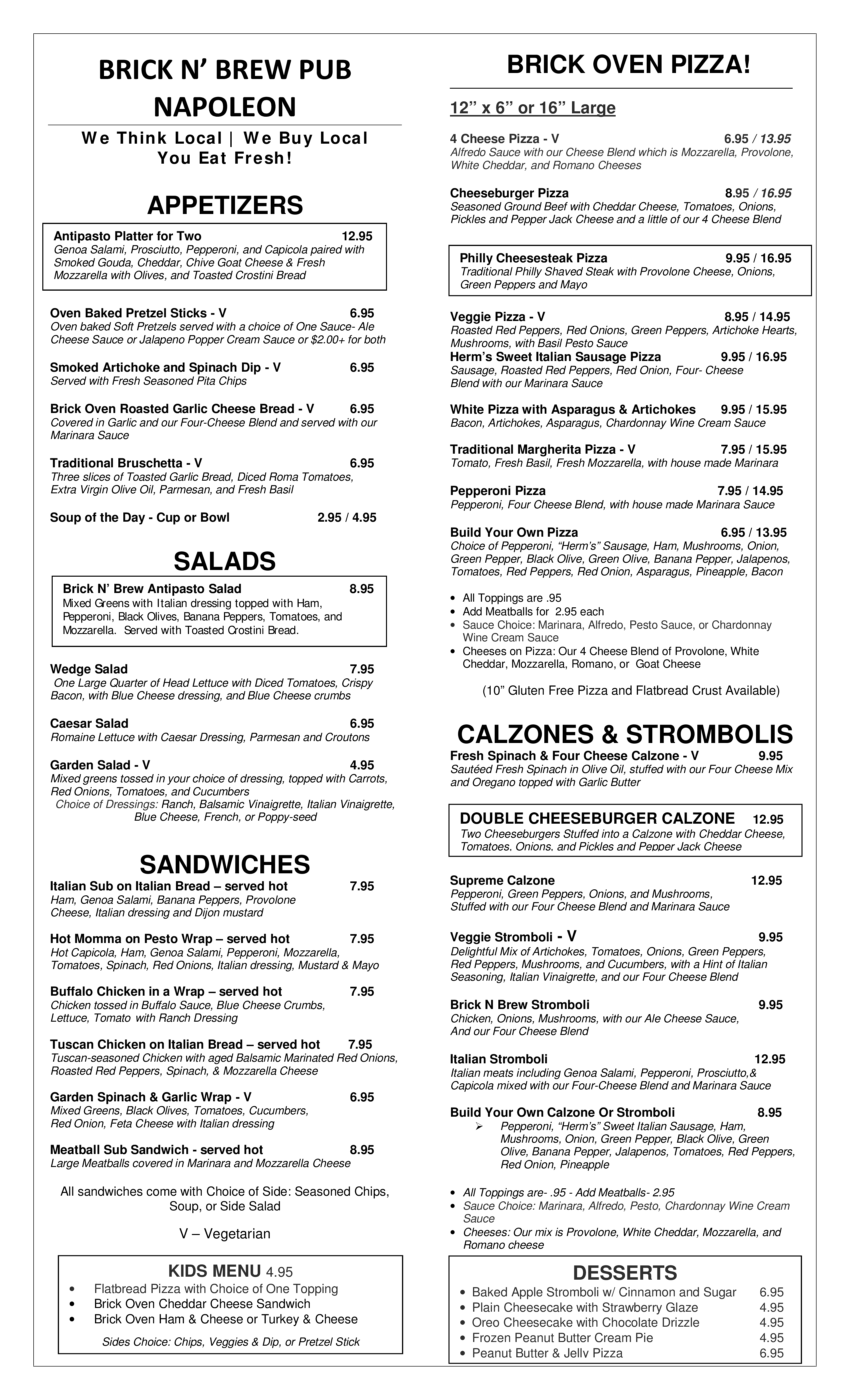 Menu at Brick N' Brew Pub, Napoleon