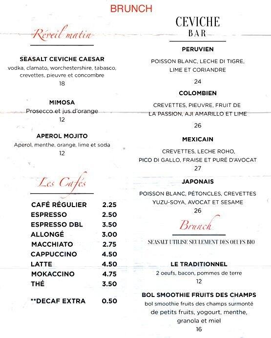 Menu at Seasalt & Ceviche restaurant, Montreal