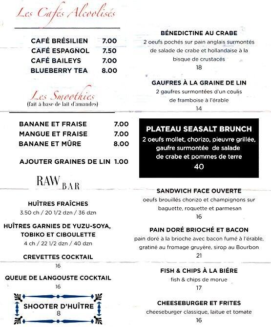 Menu at Seasalt & Ceviche restaurant, Montréal