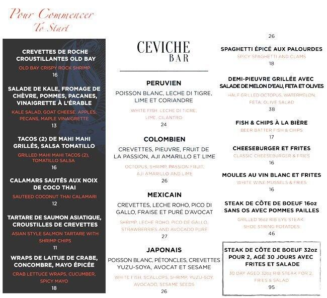 Menu at Seasalt & Ceviche restaurant, Montréal