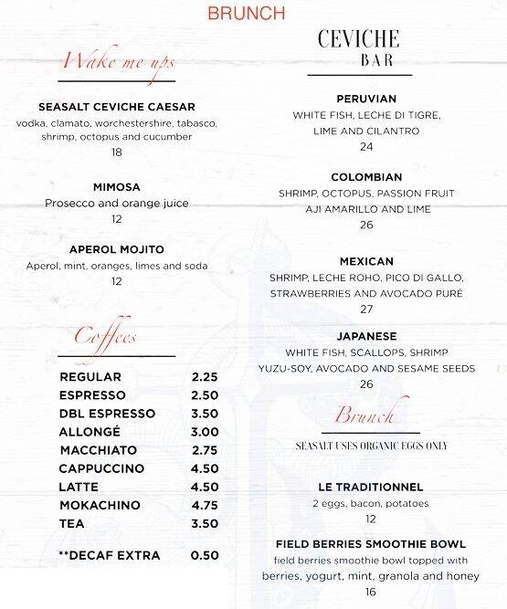 Menu at Seasalt & Ceviche restaurant, Montréal