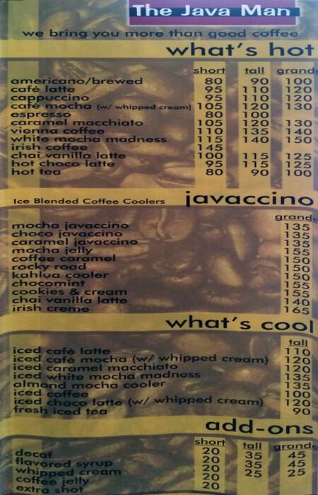 Menu at The Java Man cafe, Makati