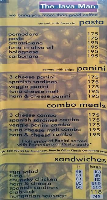 Menu at The Java Man cafe, Makati