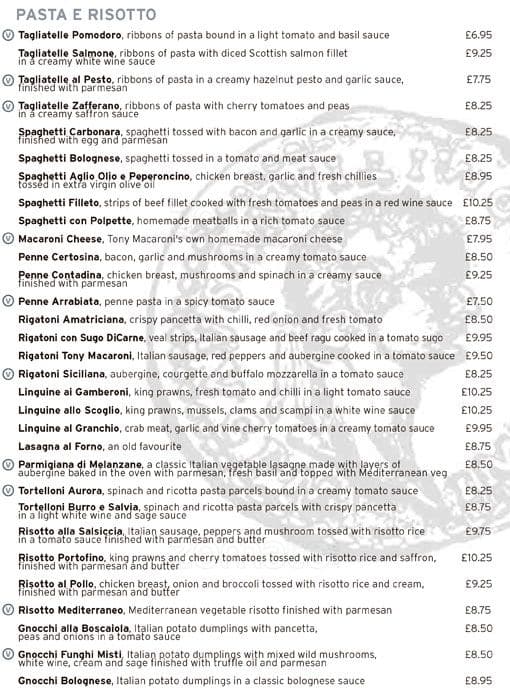 Menu at Tony Macaroni Braehead restaurant, Renfrew, 2 King's Inch Rd