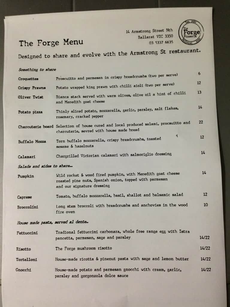 The Pizzeria Menu, Menu for The Pizzeria, Ballarat