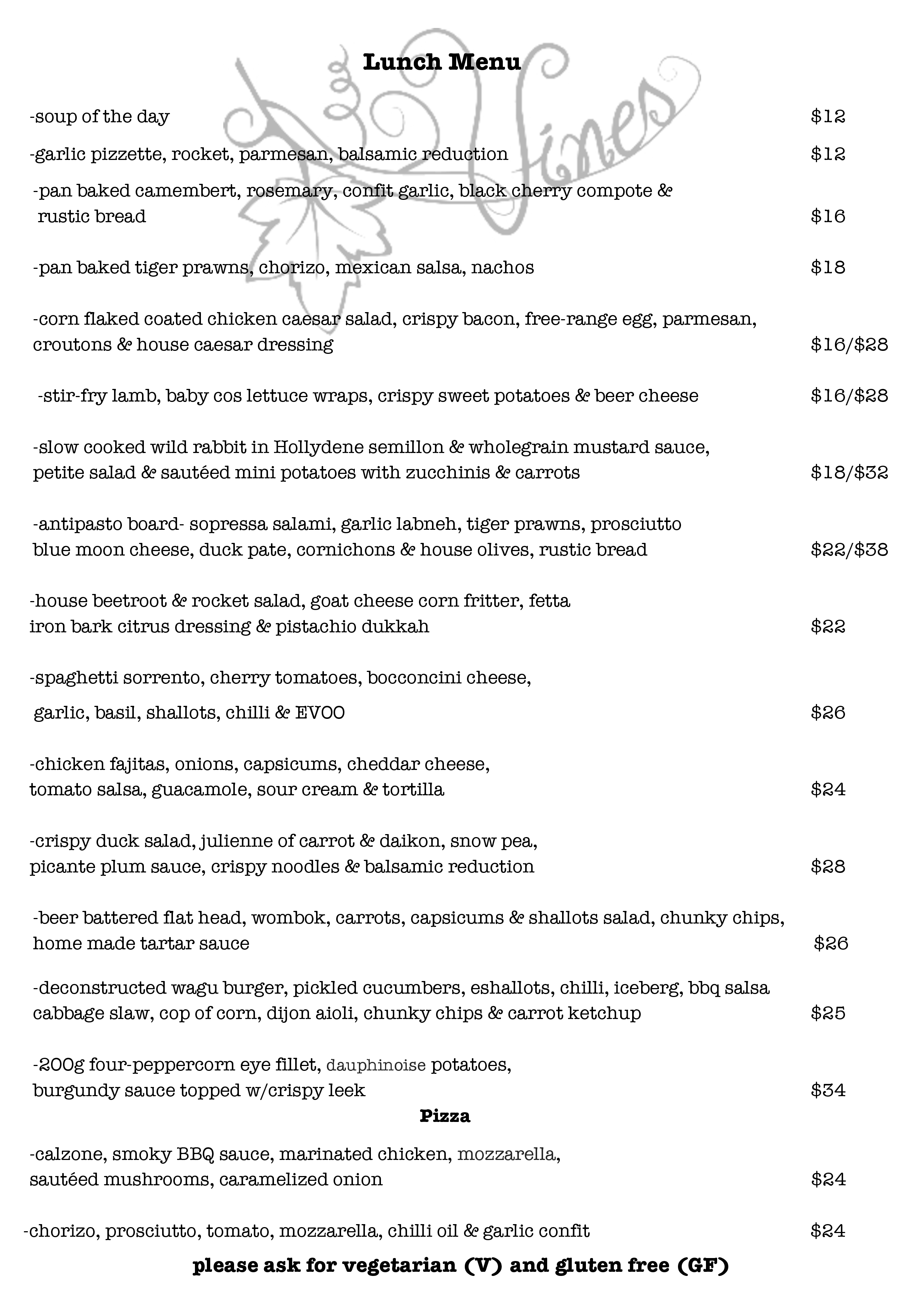 Menu at Vines Restaurant, Jerrys Plains