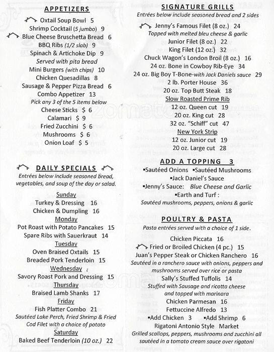 Menu at Jenny's Steak and Banquets steakhouse, Chicago Ridge