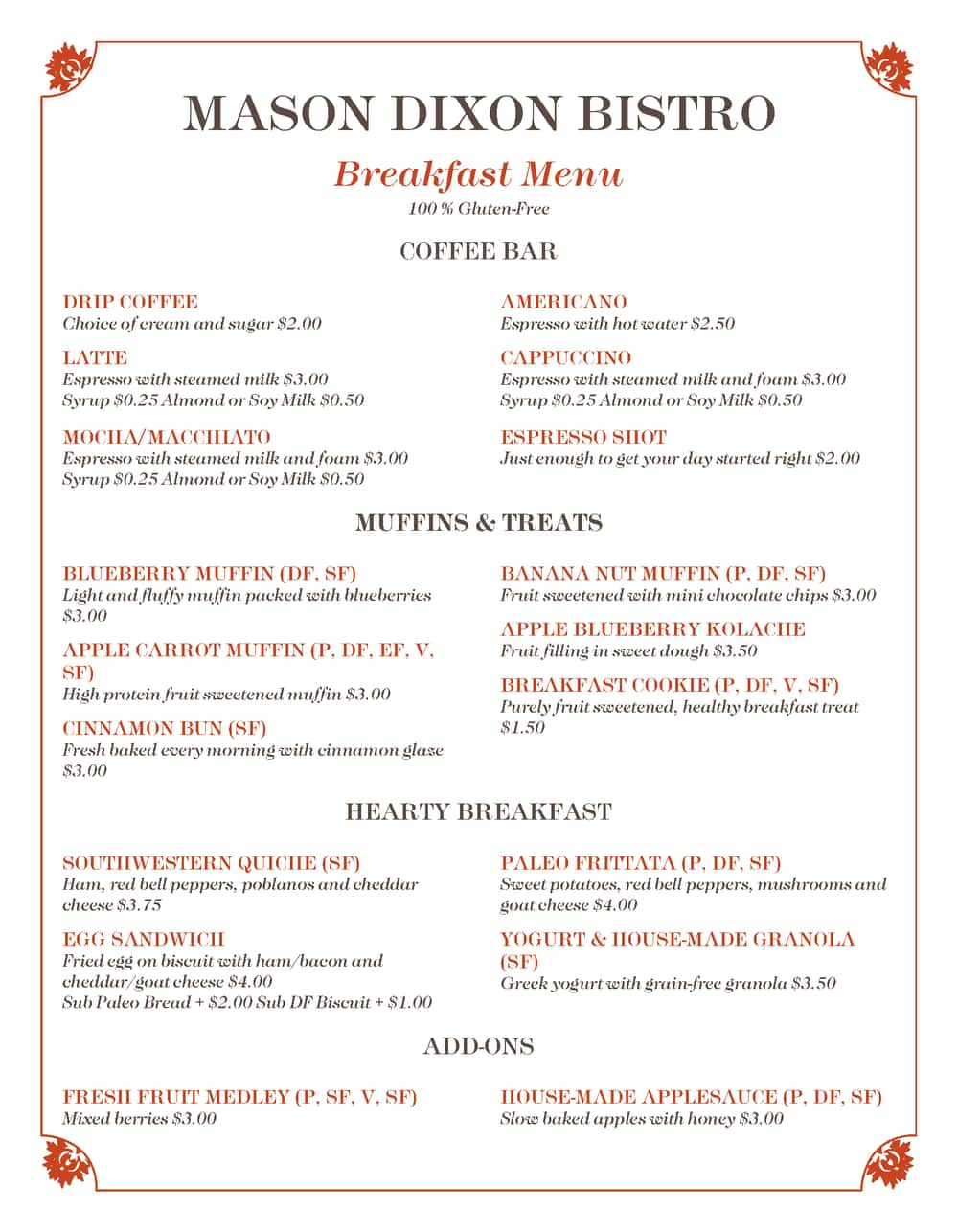 Breakfast Menu For A Mason