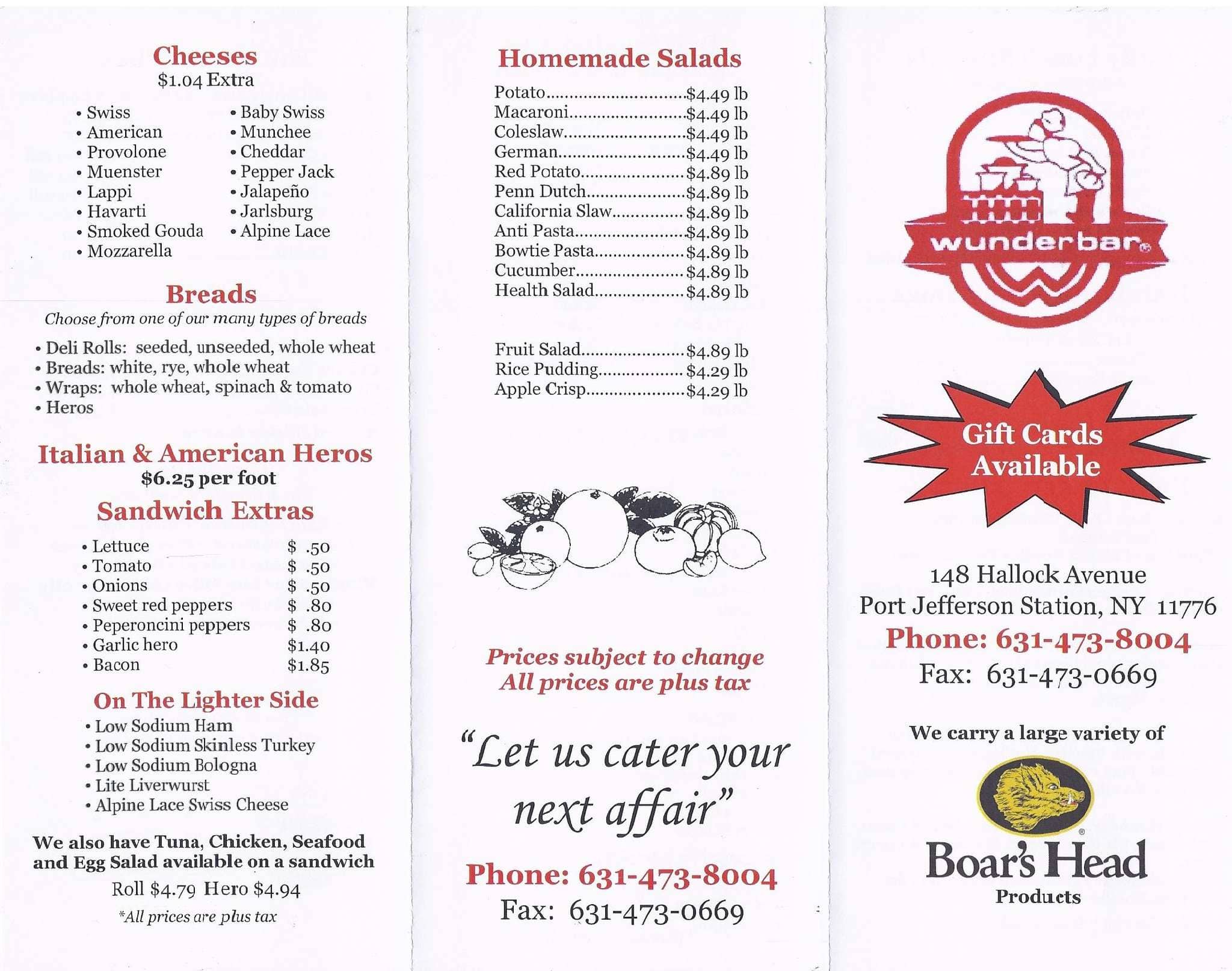 Menu at Wunderbar Deli, Port Jefferson Station