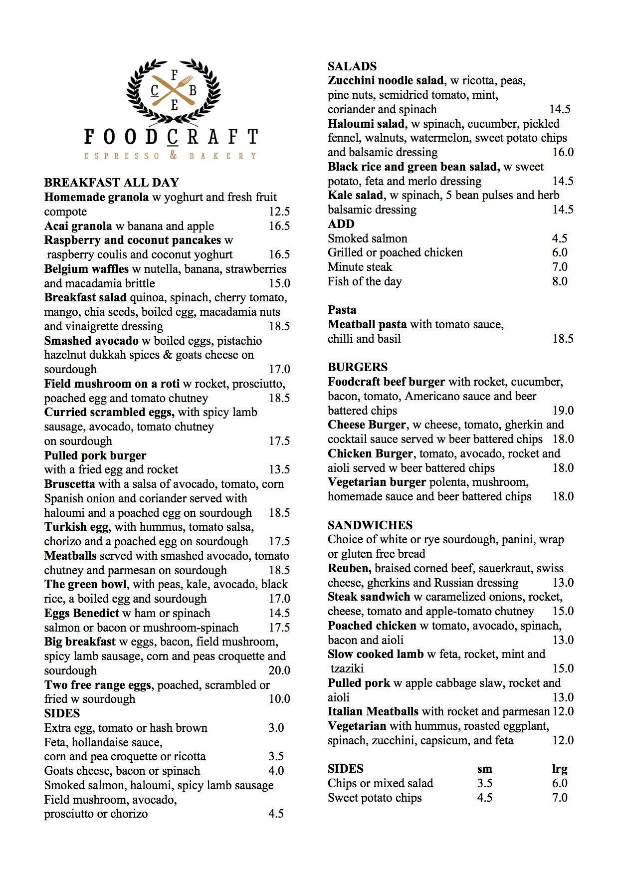 Foodcraft Espresso & Bakery Menu Urbanspoon/Zomato