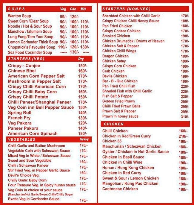 Chopstick Menu, Menu for Chopstick, Picnic Garden, Kolkata Zomato