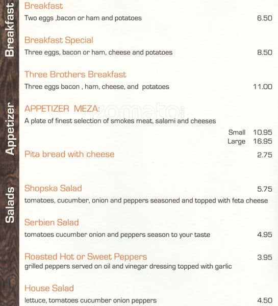 Menu at Three Brothers Restaurant, Toronto