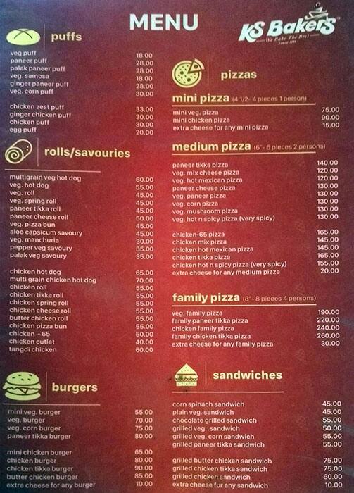 KS Bakers Menu, Menu for KS Bakers, Kukatpally, Hyderabad Zomato