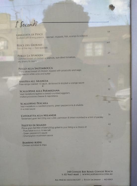 Menu At La Spiaggia Restaurant Coogee