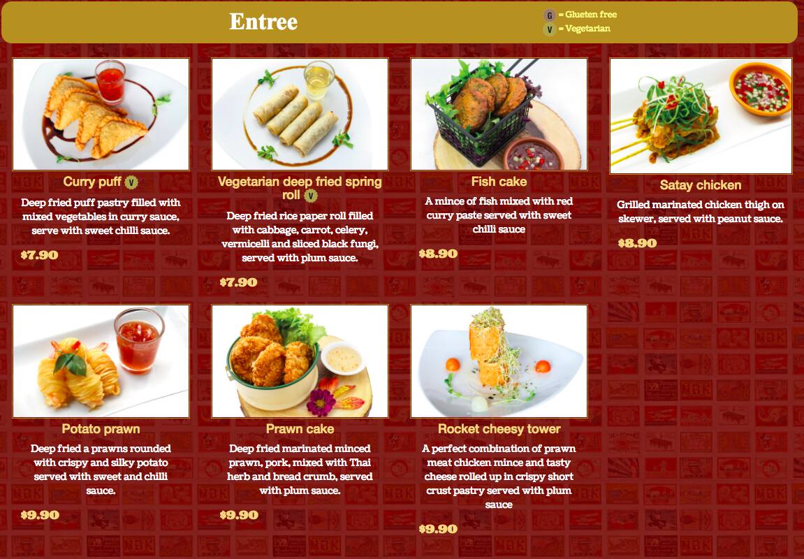 Bangkok Snap Menü, Bangkok Snap, Northmead, Sydney için Menü