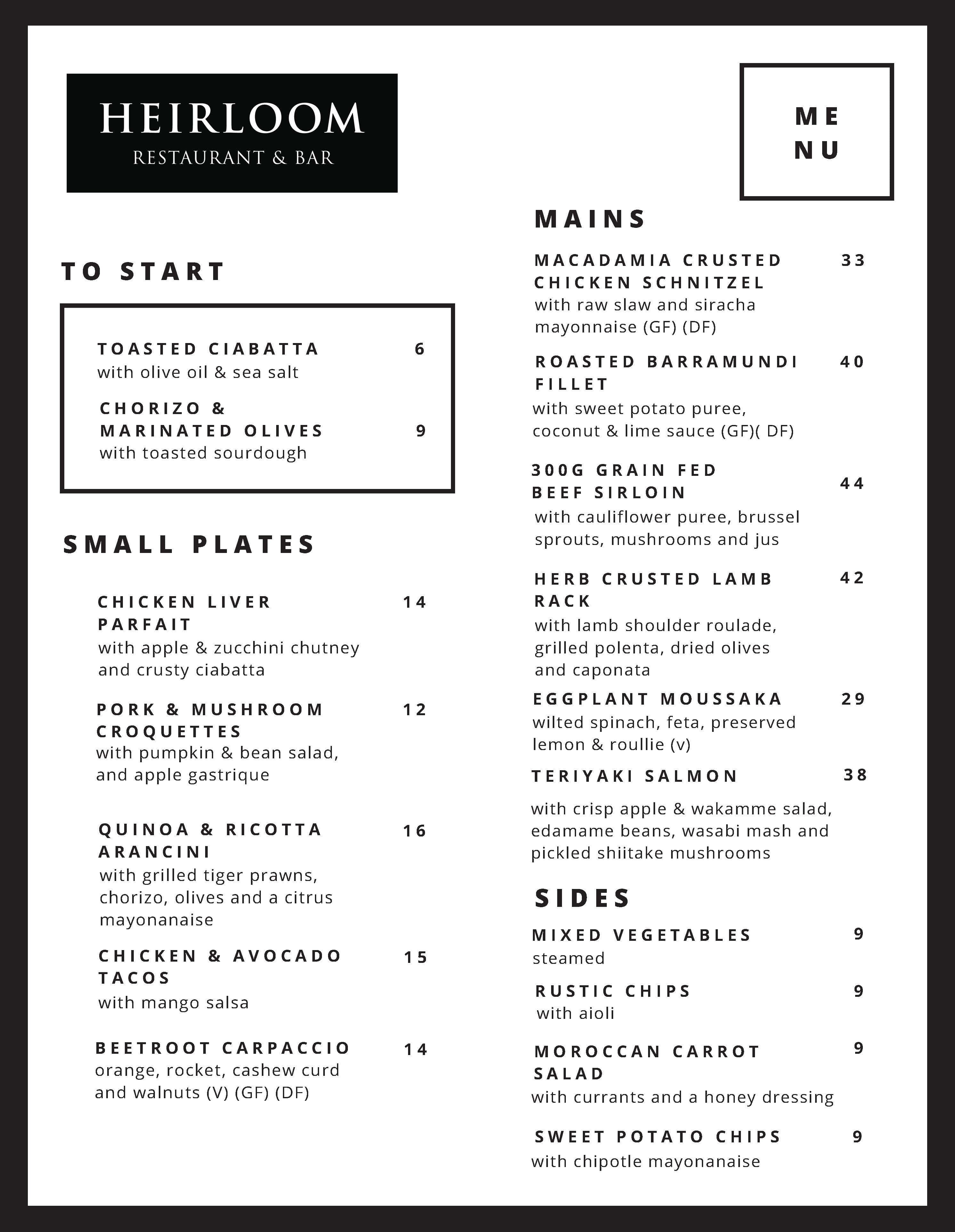 Heirloom Menu,Menú para Heirloom, East Perth, Perth Urbanspoon/Zomato