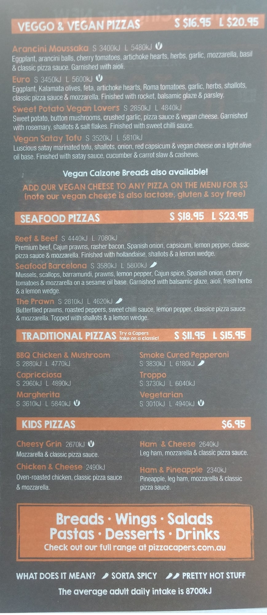 Menu at Pizza Capers restaurant, Noosa Heads, 37 Sunshine Beach Rd
