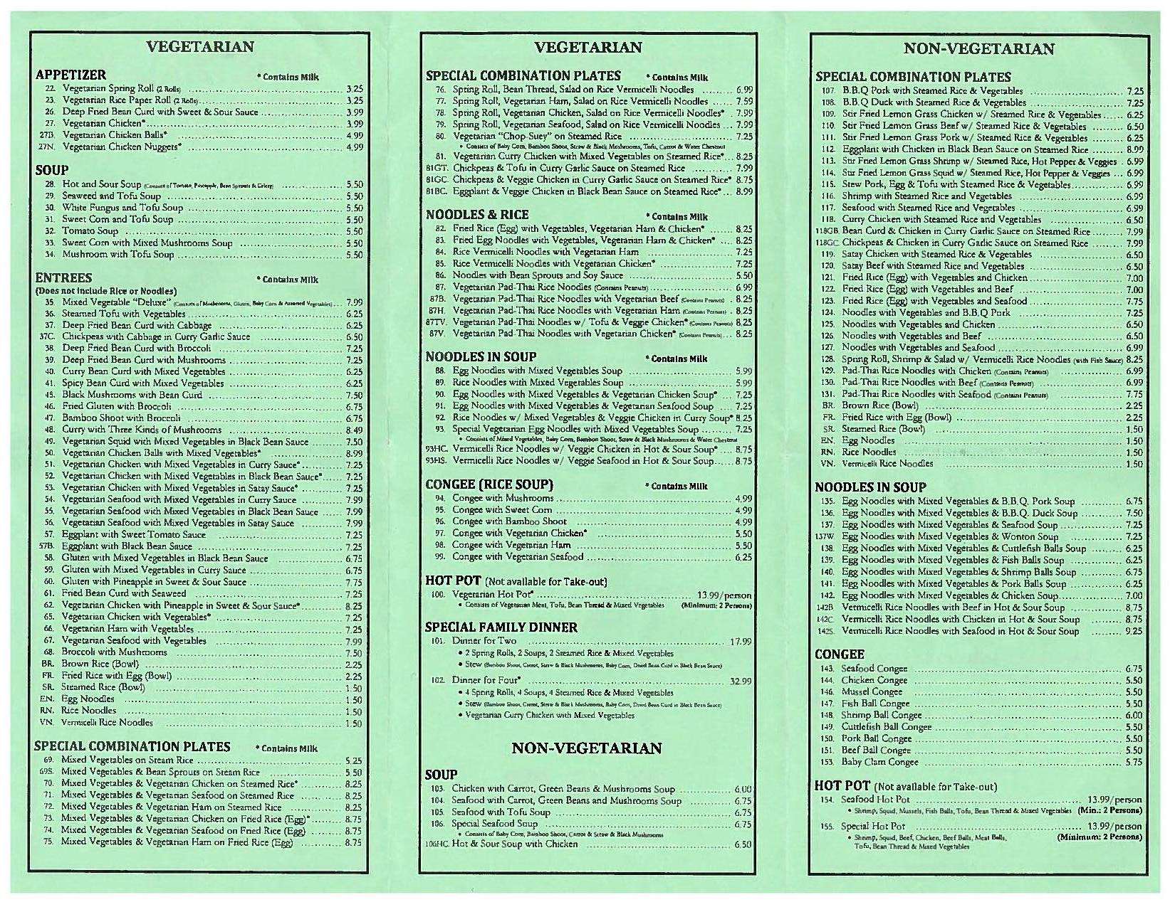restaurant menu items list