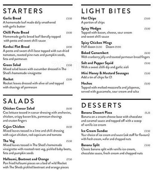 The Garden Shed Menu, Menu for The Garden Shed, Wimbledon, London