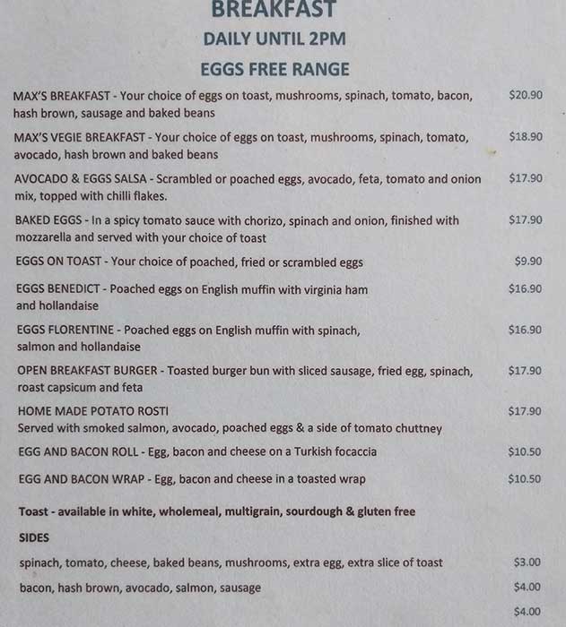 Max's Corner menu