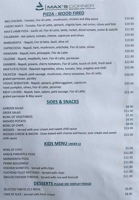 Max's Corner menu