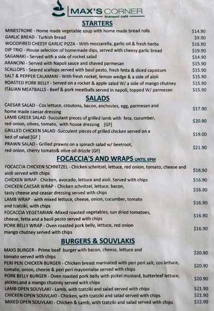 Max's Corner menu