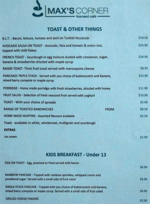 Max's Corner menu