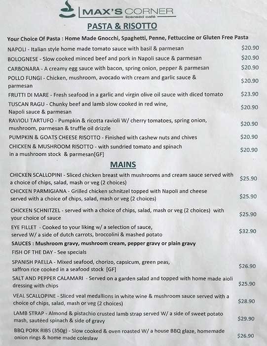 Max's Corner menu