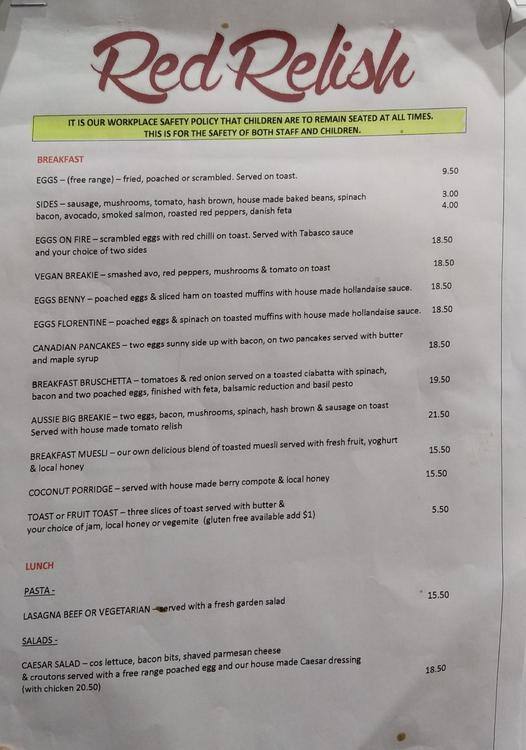 Menu at Red Relish Cafe, Yarra Junction