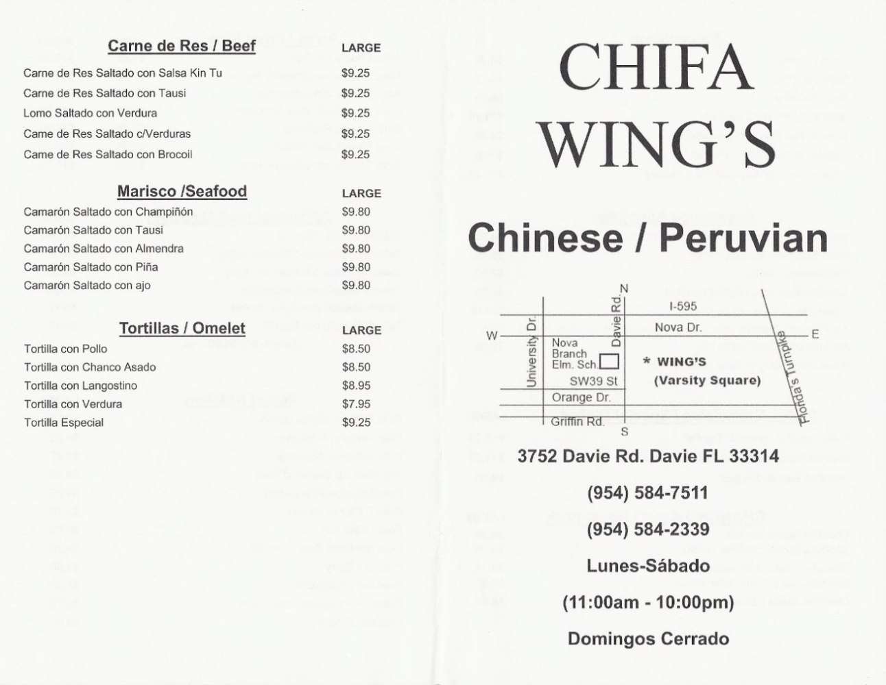 Menu at Chifa Wings restaurant, Davie
