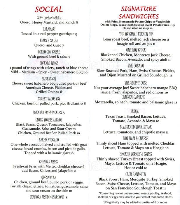 clock tower restaurant menu