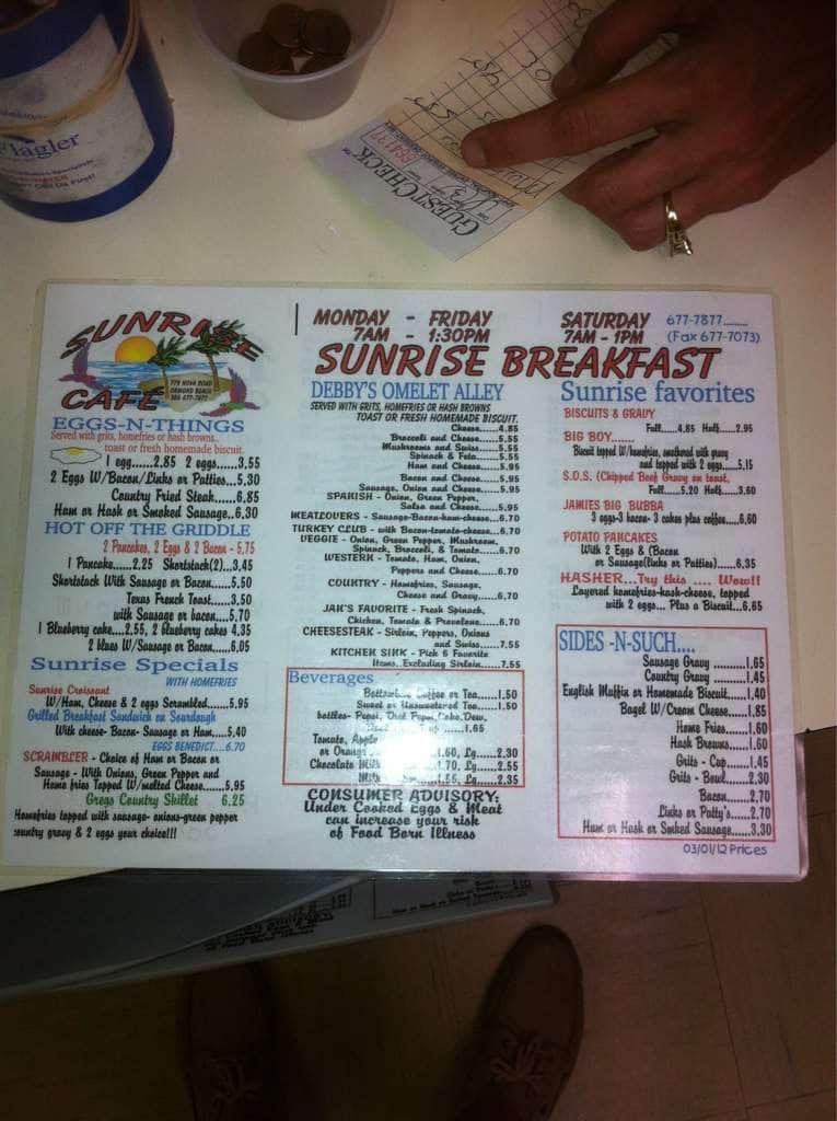 Menu at Sunrise cafe, Ormond Beach