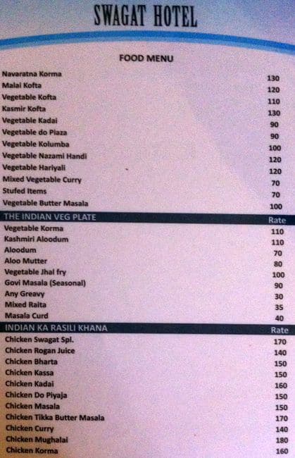 Swagat Bar menu