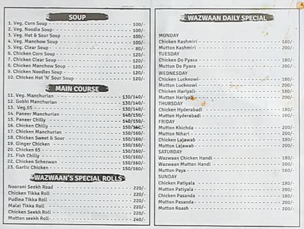 Wazwaan Restaurant menu