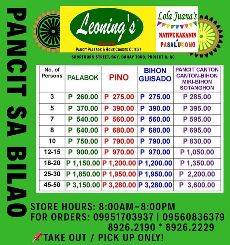 Menu at Leonings Pancit Palabok restaurant, Quezon City, 1106 Shorthorn St