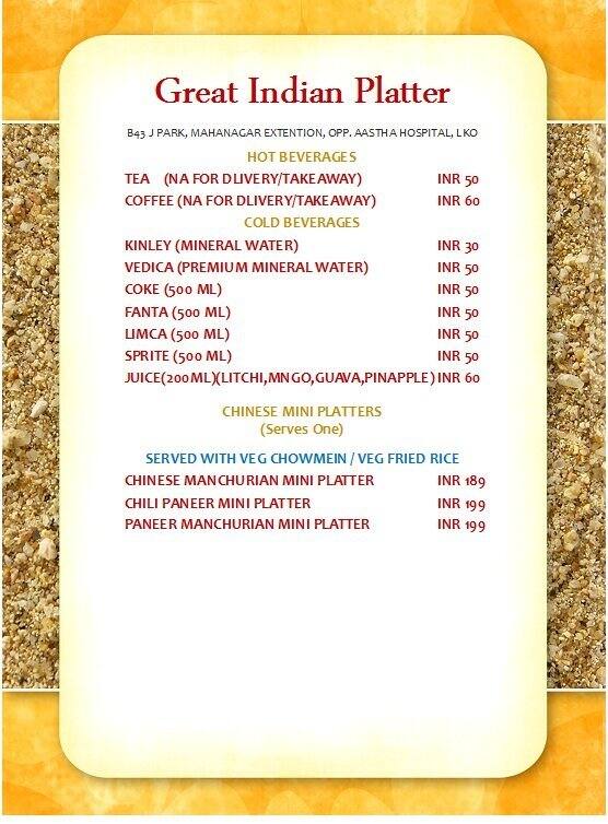 Great Indian Platter Menu, Menu for Great Indian Platter, Mahanagar