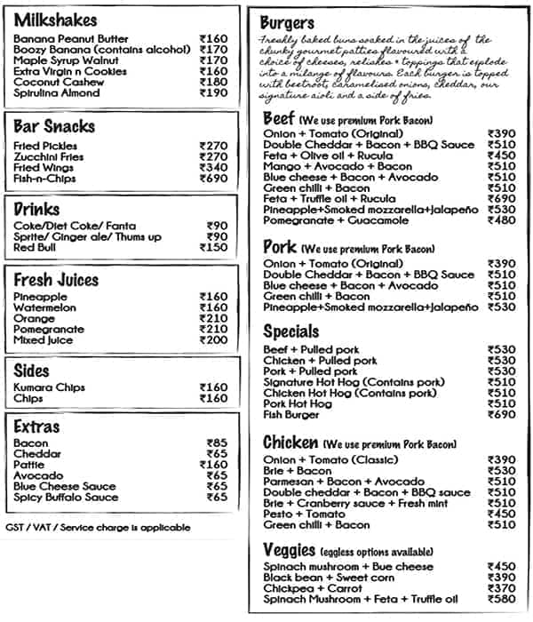 Menu of Burger Factory, Anjuna, Goa