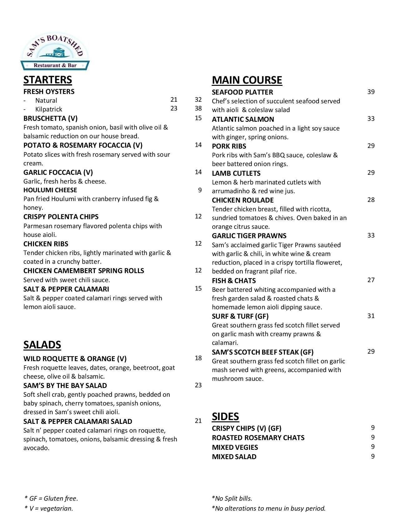Sam's Boatshed Restaurant & Bar menu Urbanspoon/Zomato