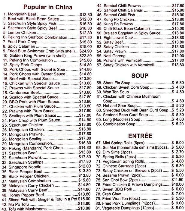 Peking Inn a Melbourne Foto del Menu con Prezzi Urbanspoon/Zomato