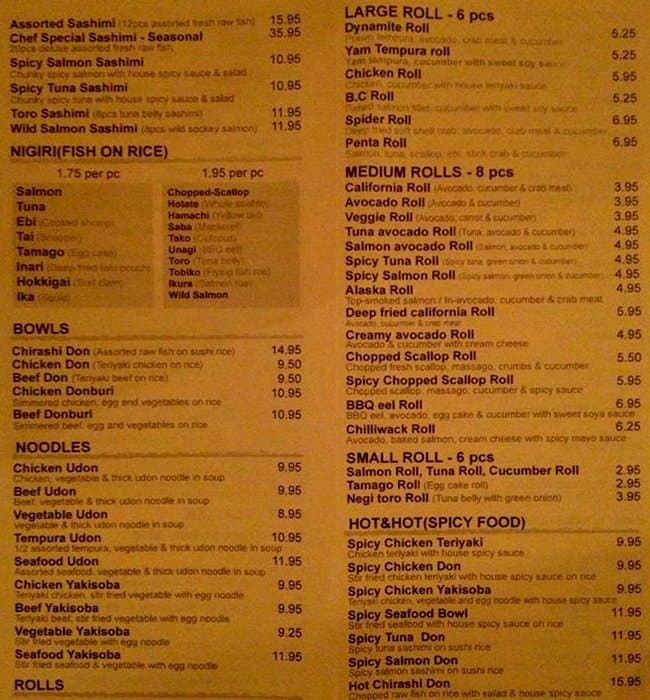 Menu at Yale Sushi restaurant, Chilliwack