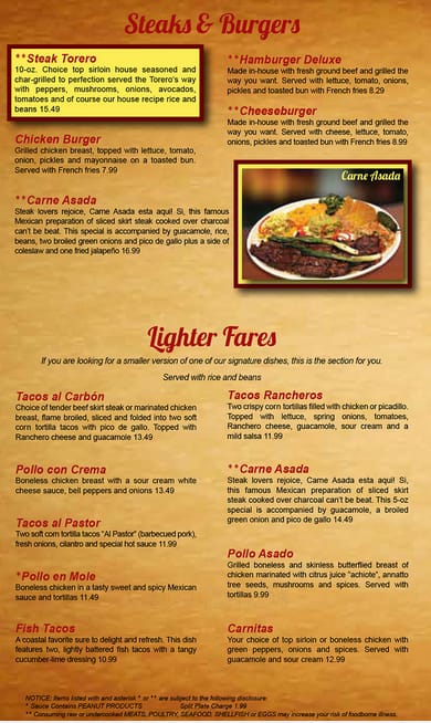 15++ Torero�s mexican restaurant menu