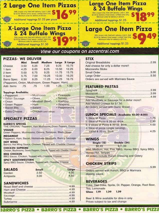 Barro's Pizza Menu, Menu for Barro's 