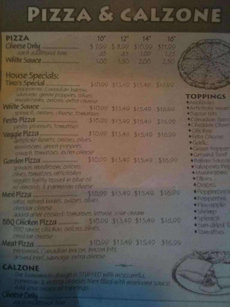 Menu at Tino’s Pizza & Pasta Co. pizzeria, Sudden Valley