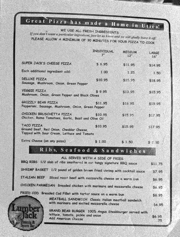 Lumberjack's Pizzeria & Sports Bar Menu Urbanspoon/Zomato